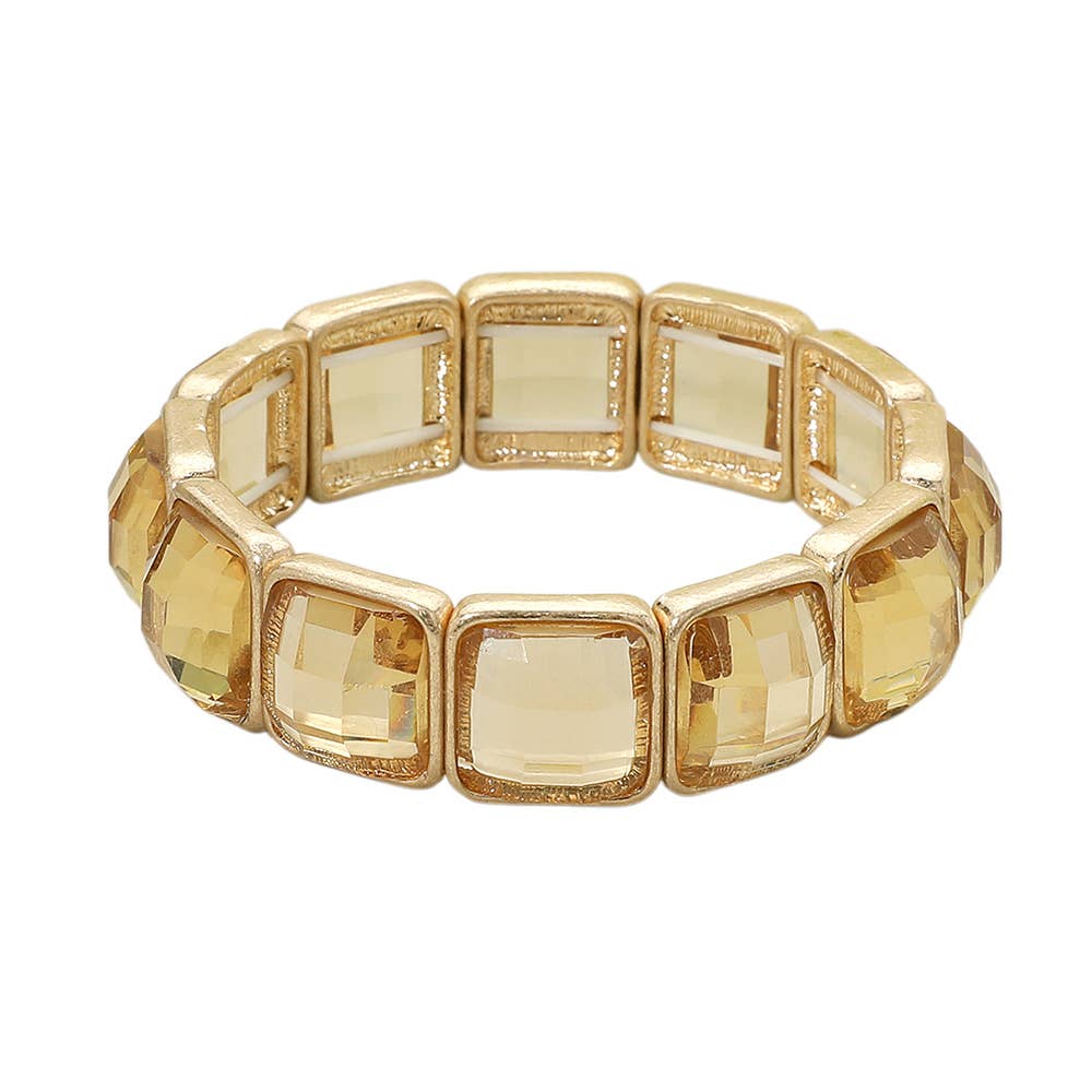 Square Faceted Glass Stone Frame Beaded Stretch Bracelet: Brown,Worn Gold