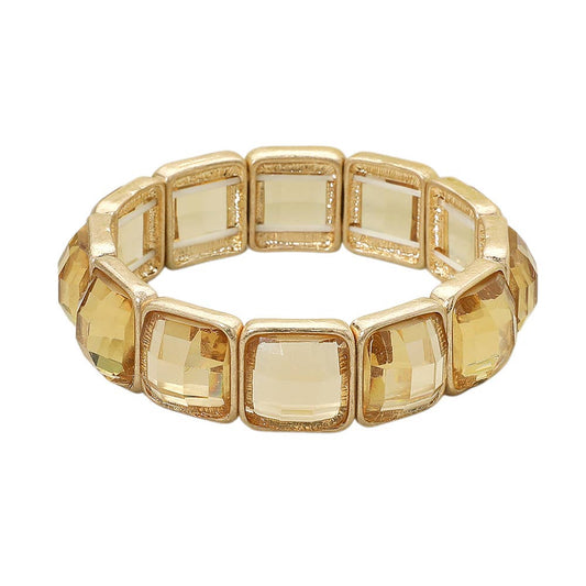 Square Faceted Glass Stone Frame Beaded Stretch Bracelet: Brown,Worn Gold