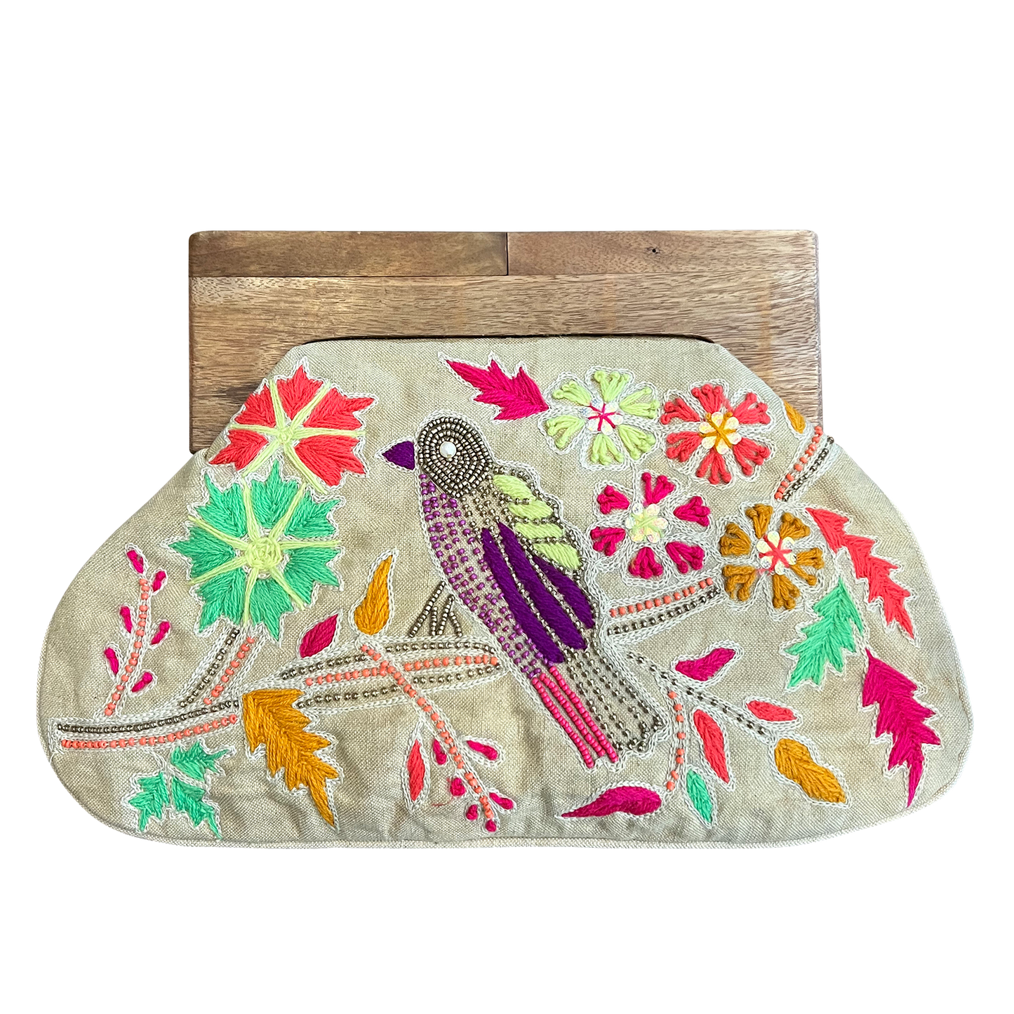 Floral Bird Embroidered Women's Clutch with Wooden Handle