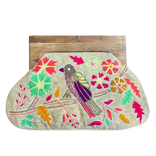 Floral Bird Embroidered Women's Clutch with Wooden Handle