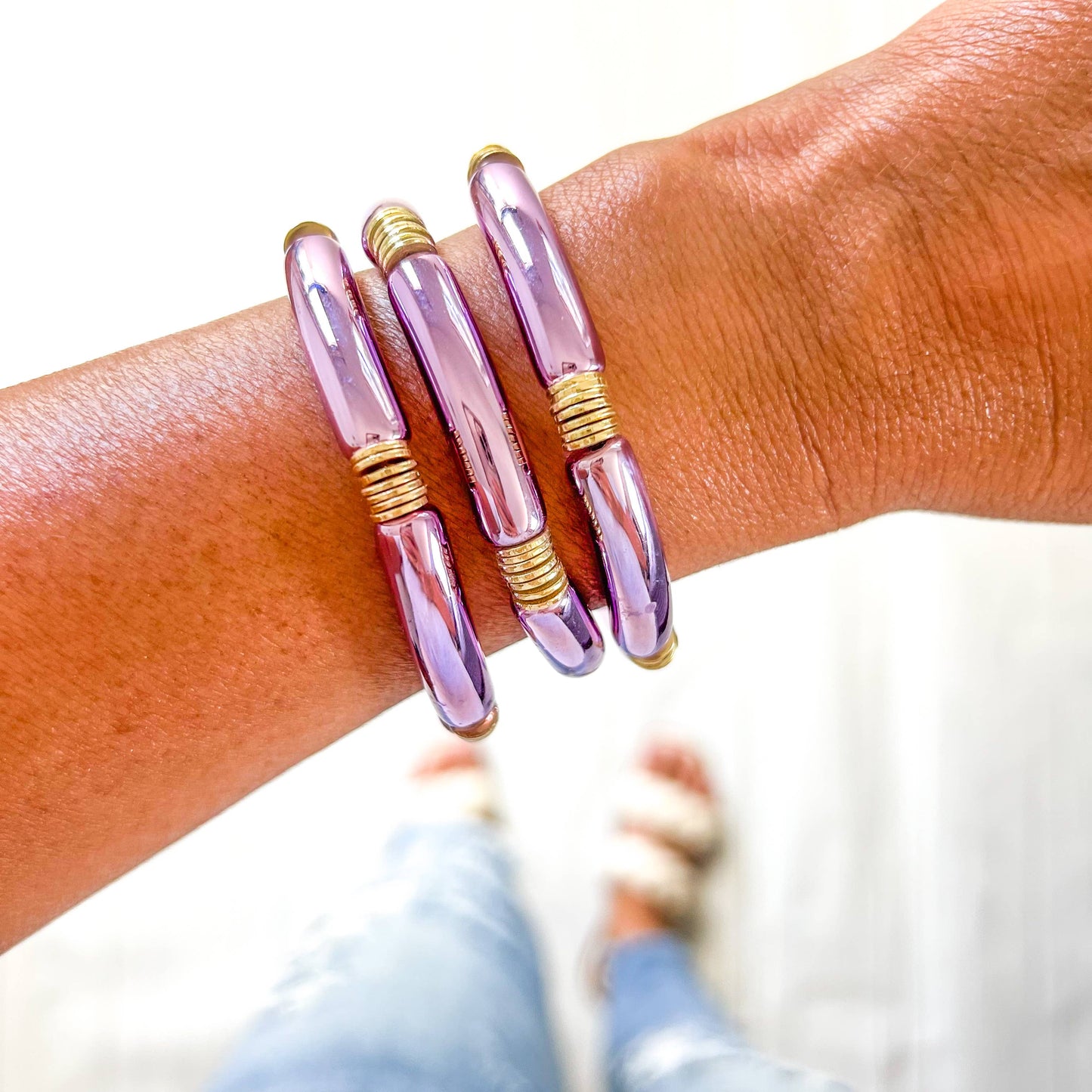 Acrylic Metallic Solid Purple Tube Bamboo Bracelet: Medium