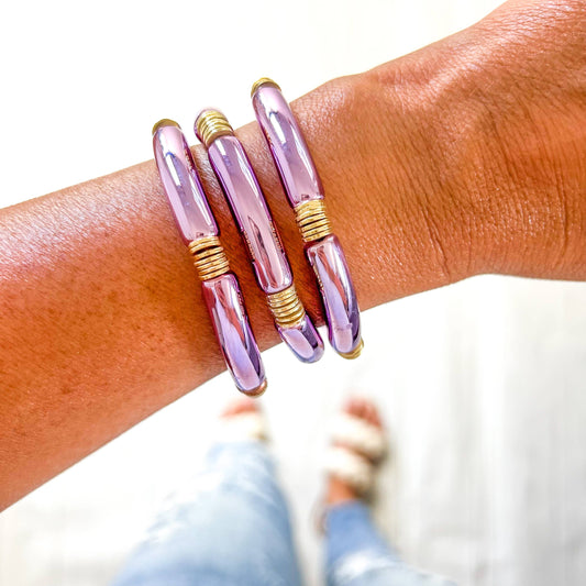 Acrylic Metallic Solid Purple Tube Bamboo Bracelet: Medium