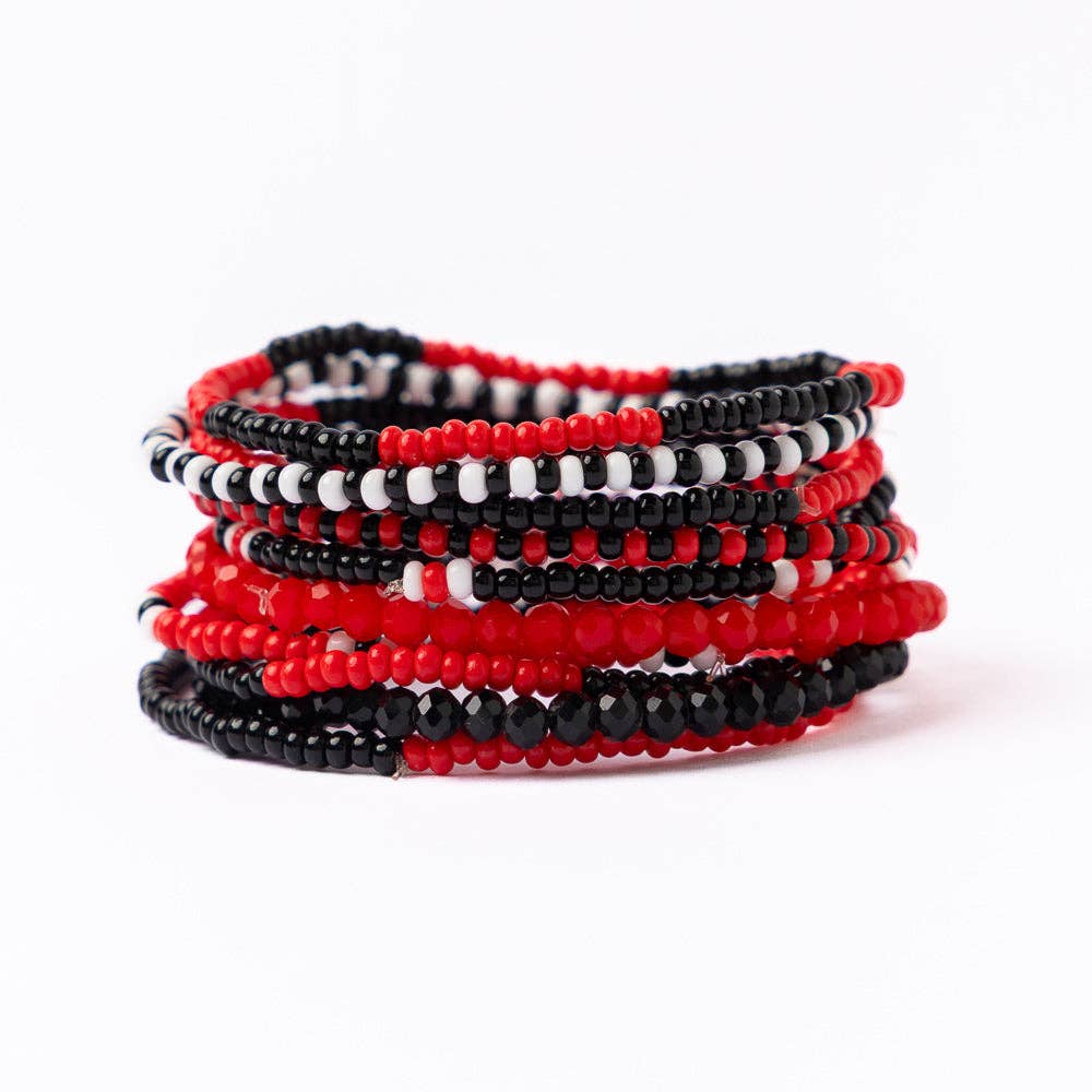 Ink +Alloy Game Day Beaded 10 Strand Stretch Bracelet Set Red + Black