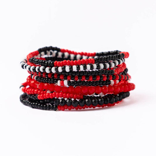 Game Day Beaded 10 Strand Stretch Bracelet Set Red + Black