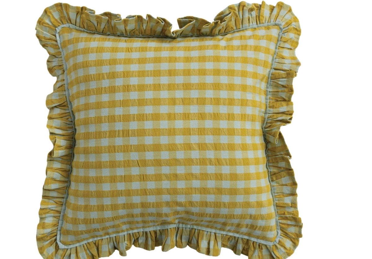 Square Cotton Pillow with Check Pattern & Ruffle, Green & Blue