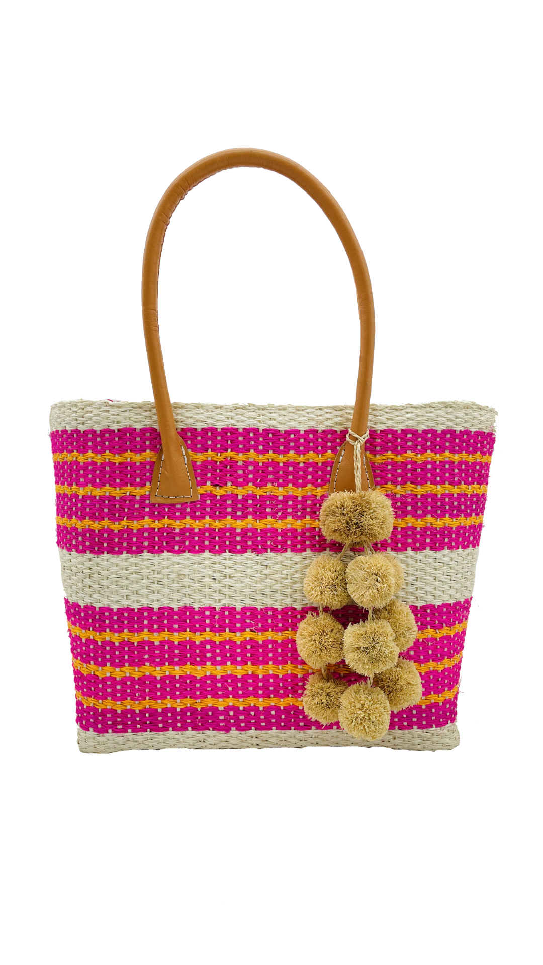 Imperial Sisal Basket Bag with Waterfall Pompoms- 2 sizes: Black Stripes / Medium