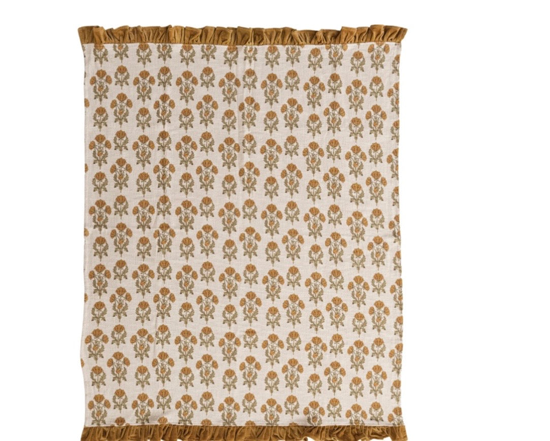 60"L x 50"W Cotton Slub Printed Throw withVelvet Ruffle