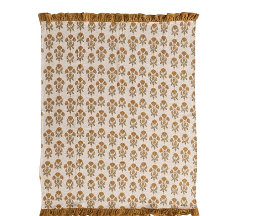 60"L x 50"W Cotton Slub Floral Throw with Mustard Velvet Ruffle