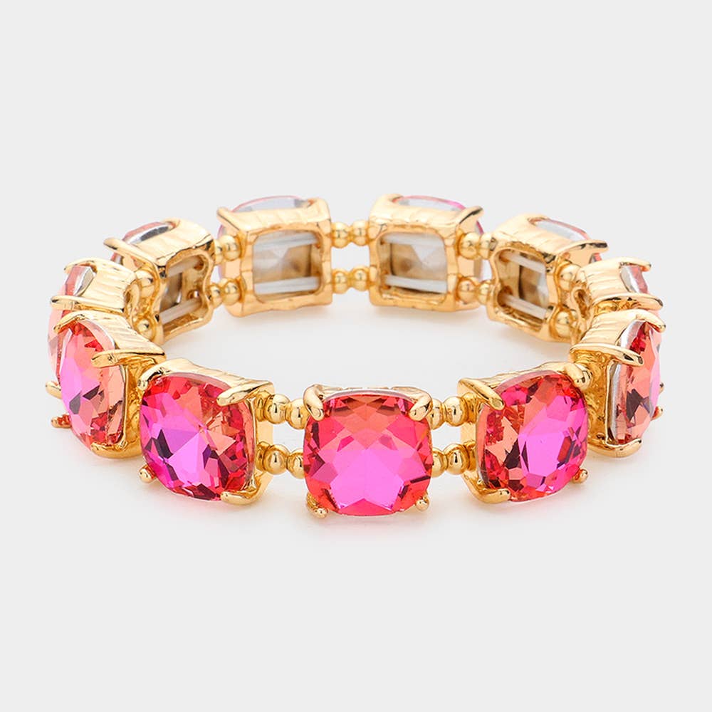 Cushion Square Stone Stretch Evening Bracelet: Opal Pink