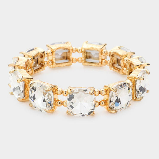 Cushion Square Stone Stretch Evening Bracelet: GOLD CLEAR
