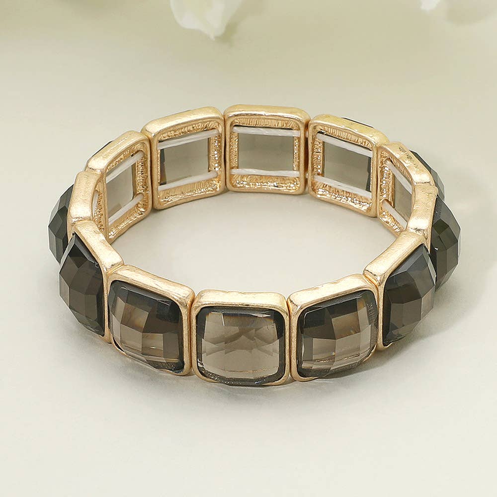 Square Faceted Glass Stone Frame Beaded Stretch Bracelet: Purple ,Worn Gold