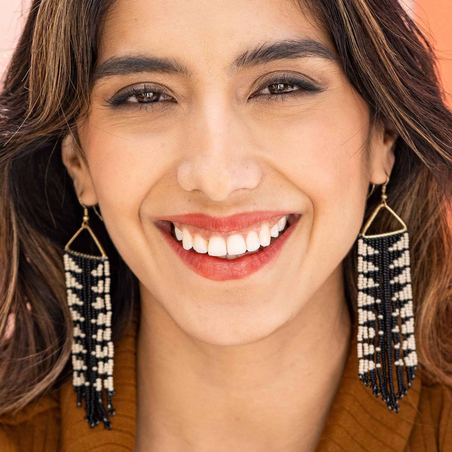 Emilie Arrow Beaded Fringe Earrings Black