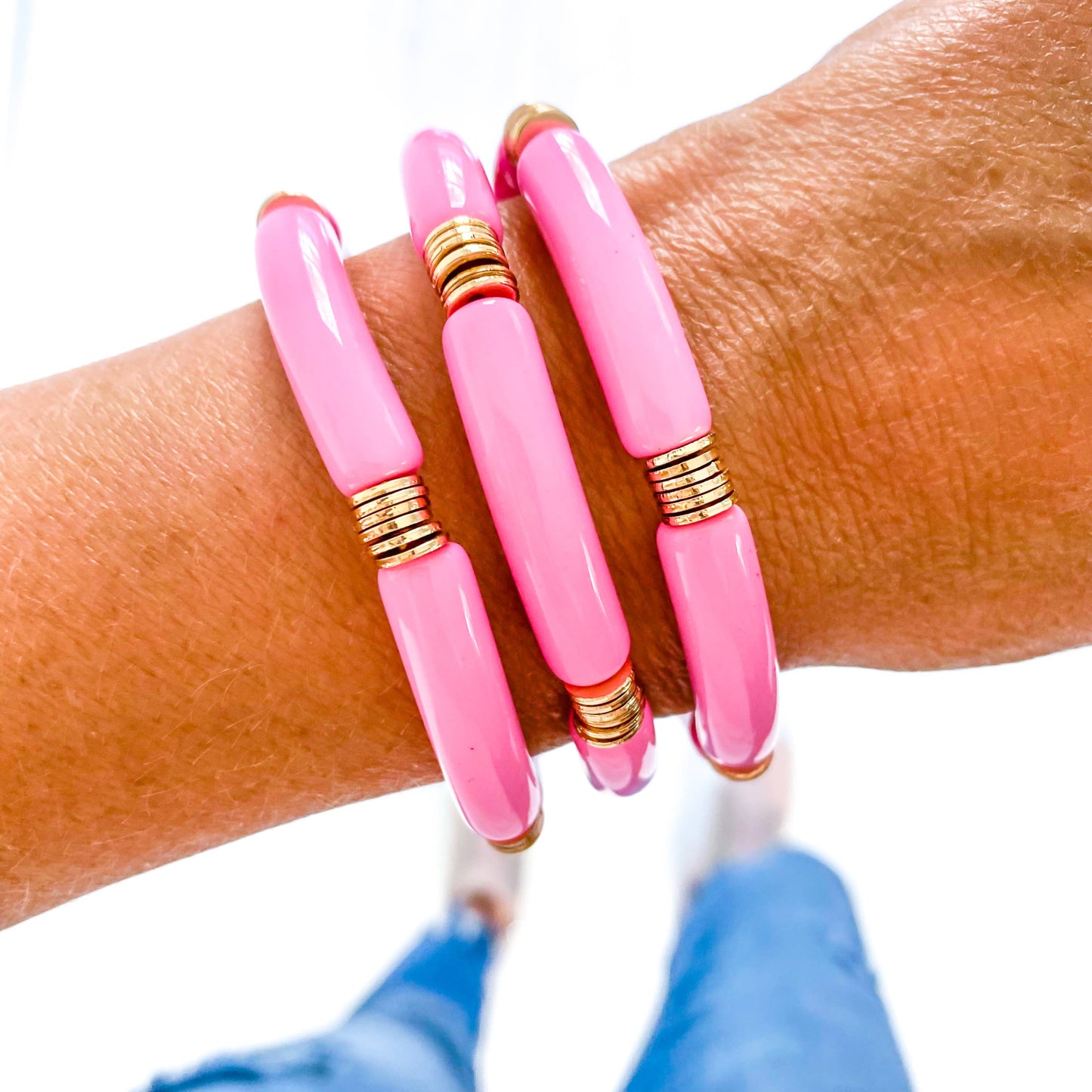 Light Pink Acrylic Tube Bamboo Bracelet: Pink & Gold Discs