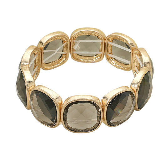 Round Square Glass Stone Frame Beaded Stretch Bracelet: Black Diamond,Worn Gold