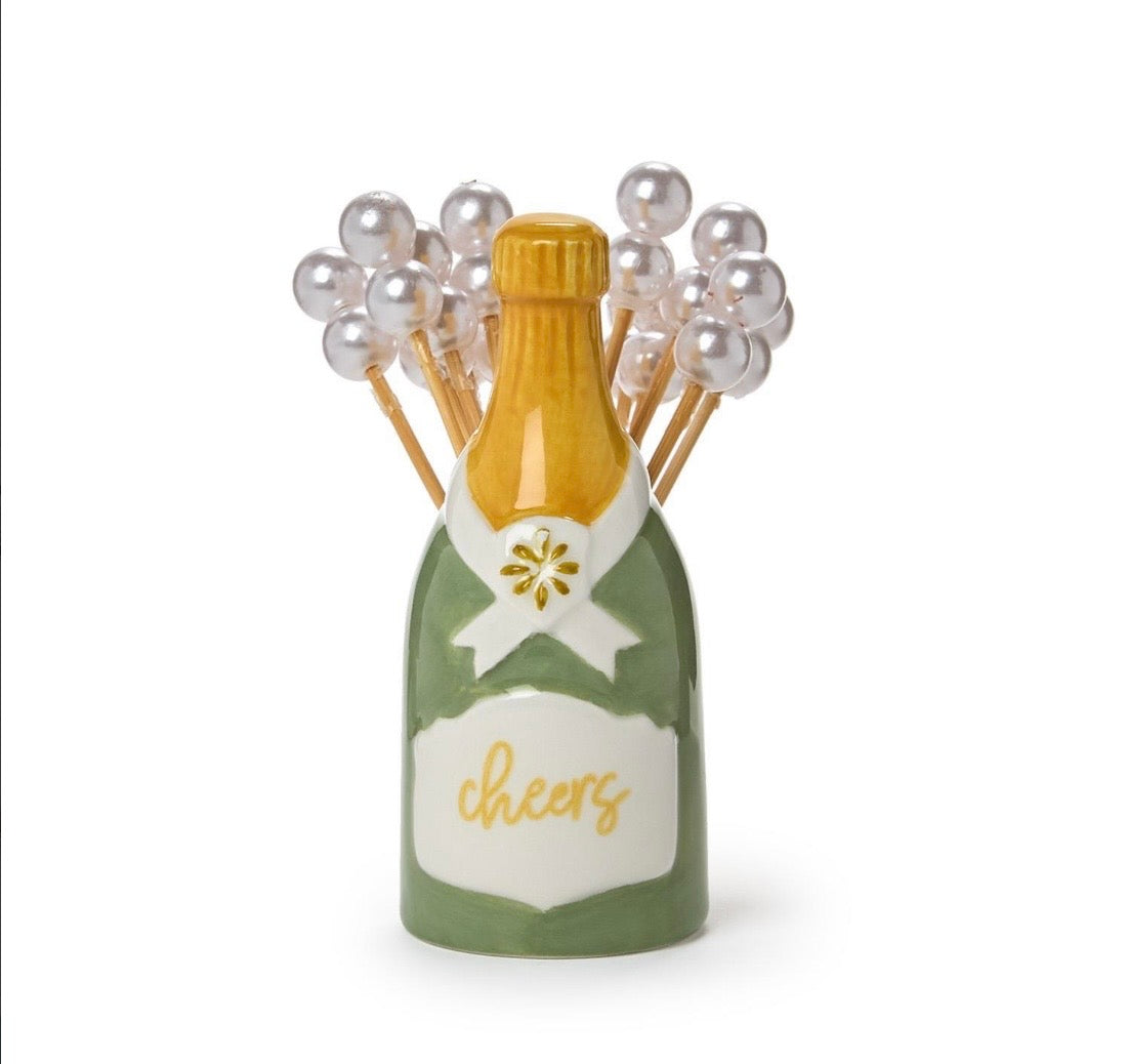 Champagne Bottle Pick Holder with 20 Pearl Cocktail Picks