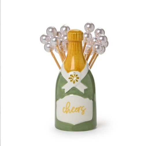 Champagne Bottle Pick Holder with 20 Pearl Cocktail Picks