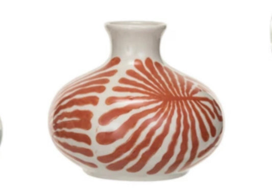Hand-Painted Stoneware Vase w/ Abstract Design Medium Orange