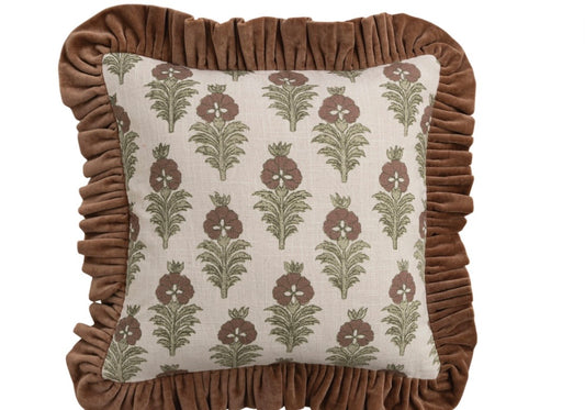 18" Square Flower Pattern Pillow with Velvet Ruffle Cocoa