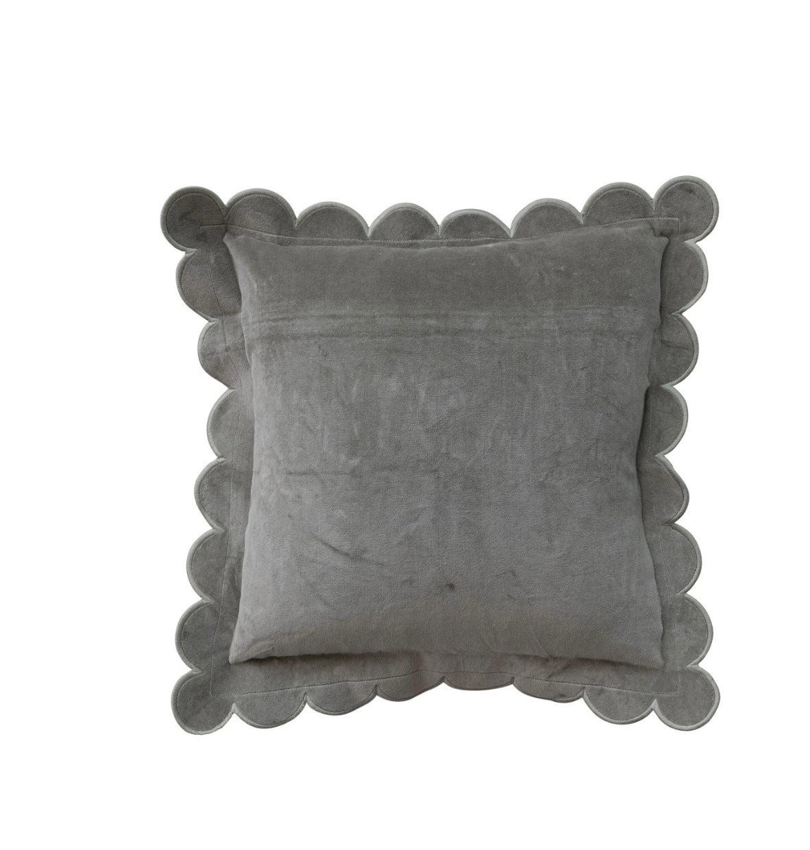 Green Cotton Velvet Pillow with Scalloped & Embroidered Edge