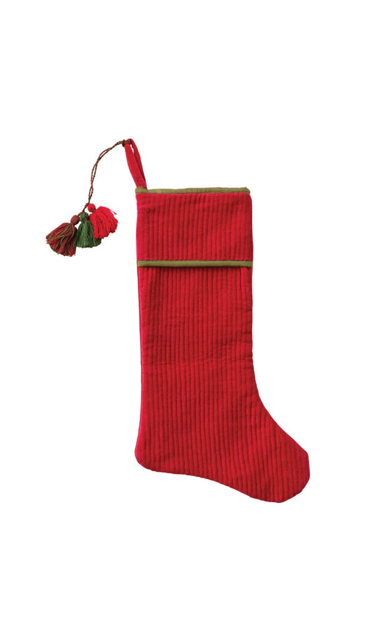 Cotton Velvet Quilted Stocking with Tassels, Red & Green