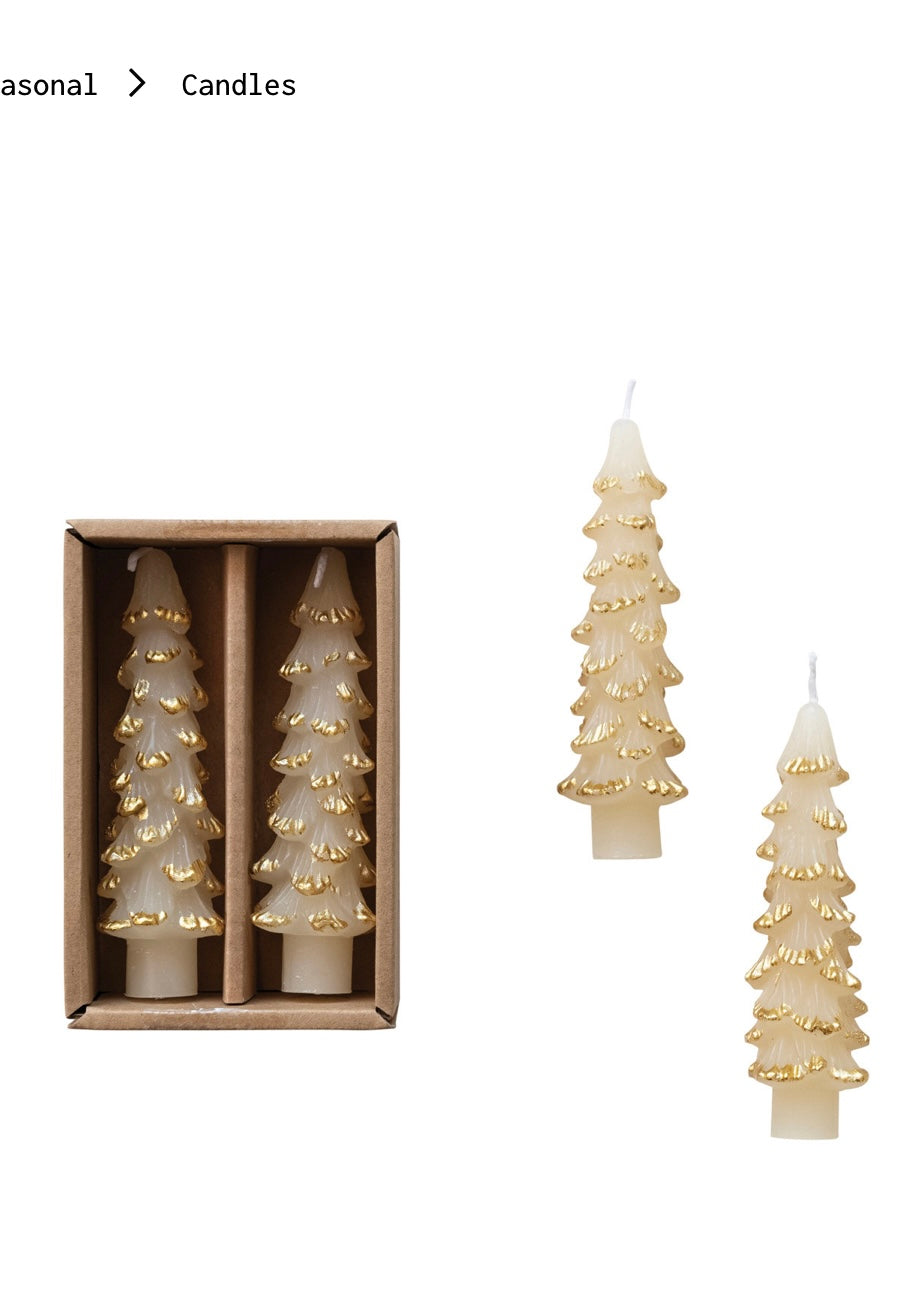 Unscented Tree Shaped Taper Candles w/ Gold Tips in Box, Eggnog Color, Set of 2