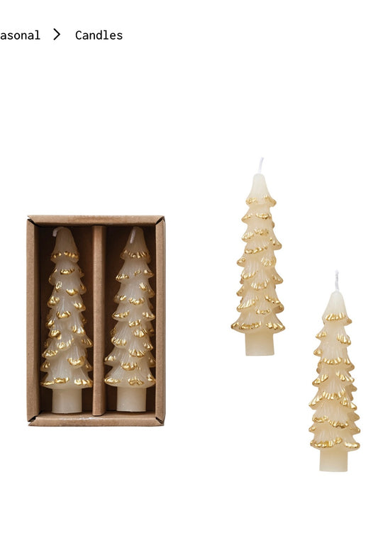 Tree Shaped Taper Candles w/ Gold Tips in Box, Eggnog Color, Set of 2
