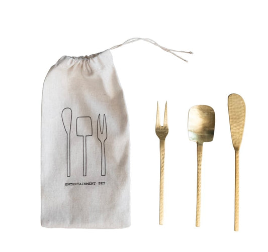 Hammered Stainless Steel Appetizer Utensils, Gold Finish, Set of 3 in Drawstring Bag