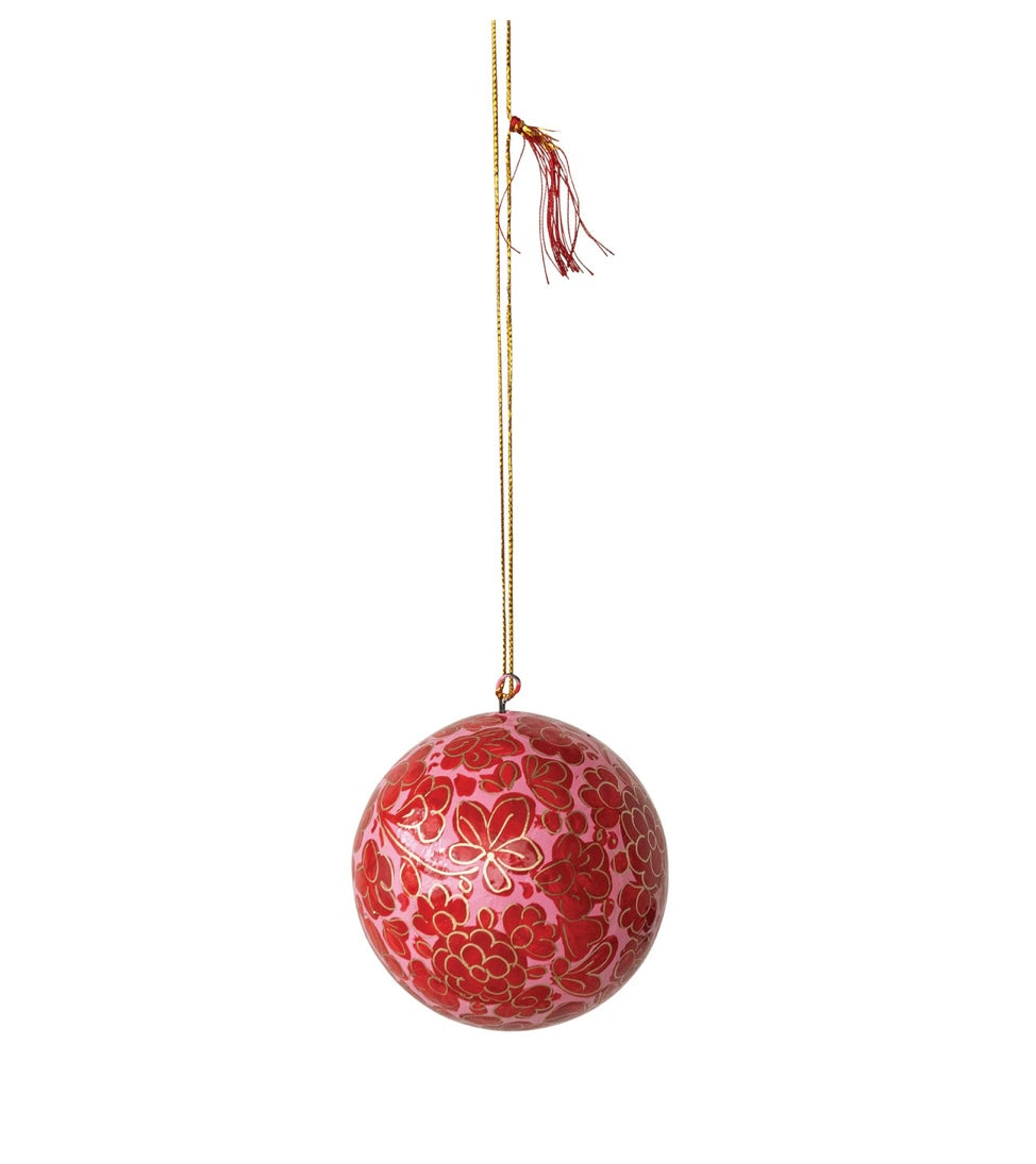 Hand-Painted Paper Mache Ball Ornament with Flower Design & Tassel, Red, Pink & Gold Finish