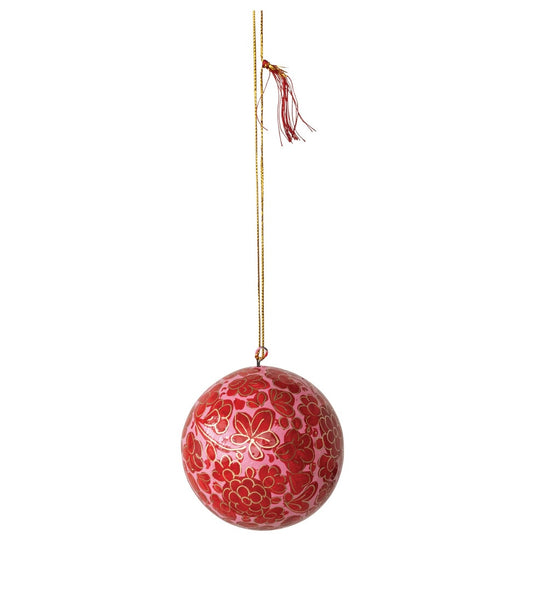 Hand-Painted Paper Mache Ball Ornament with Flower Design & Tassel, Red, Pink & Gold Finish
