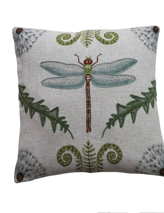 Dragonfly Botanical Embroidery Pillow 20x20