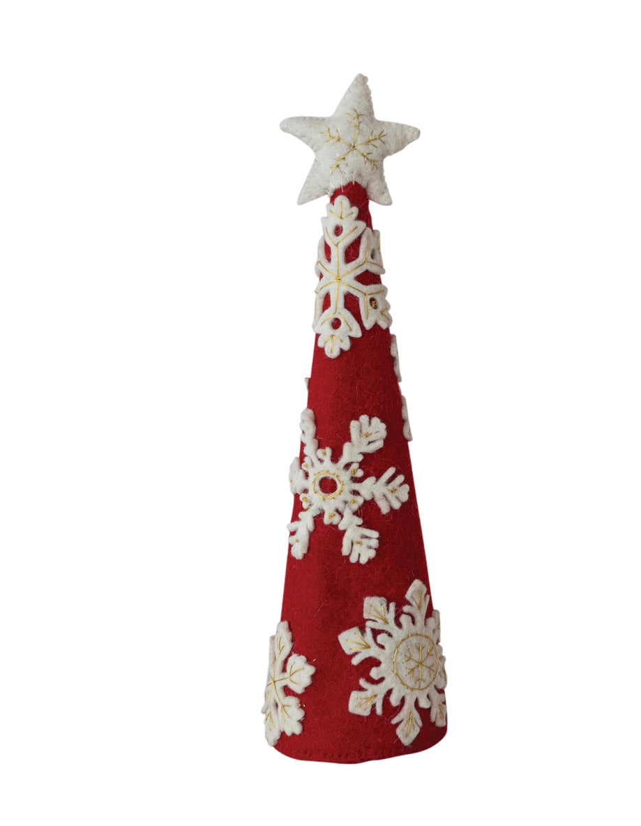 Handmade Wool Felt Tree with Star, Appliqued Snowflakes & Metallic Gold Thread Embroidery