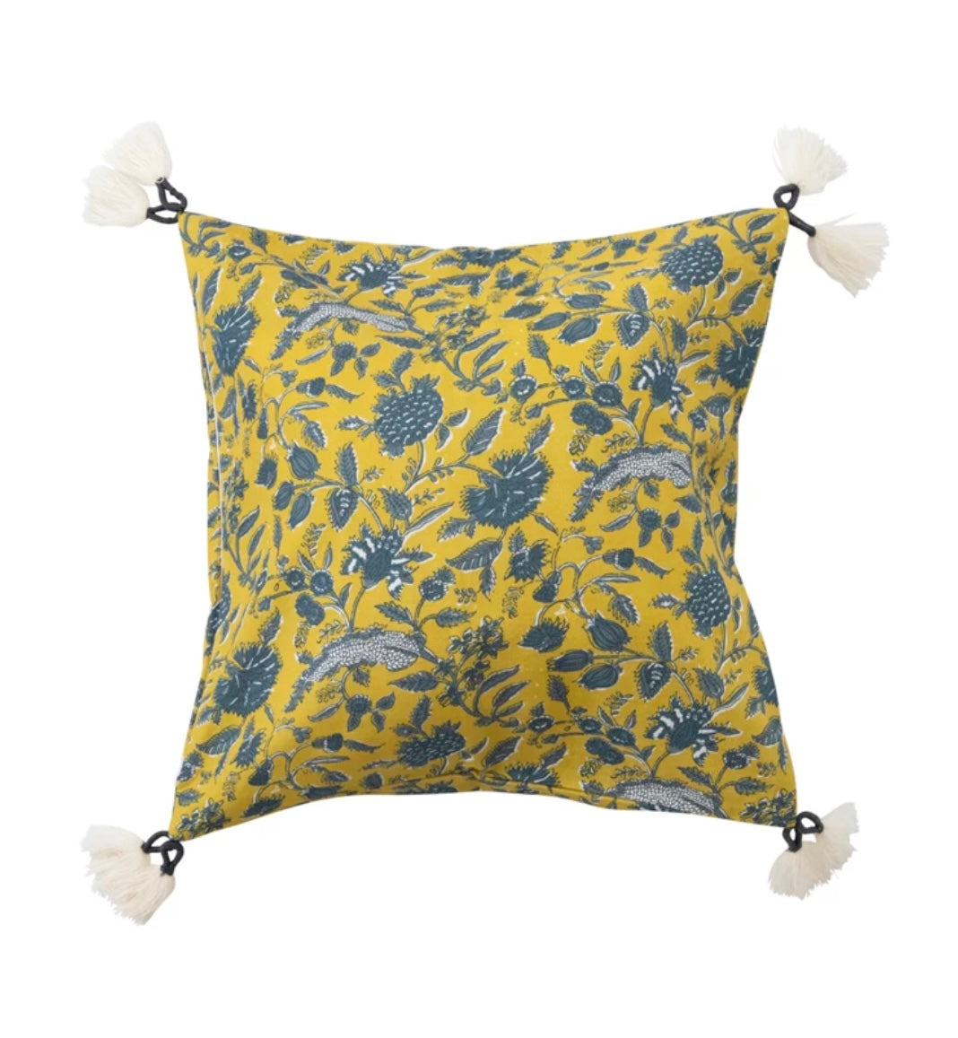 Blue/ Yellow Floral pillow with tassels 18 inch