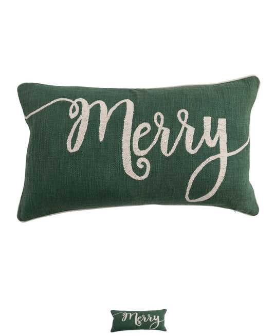 Lumbar Pillow with Embroidered "Merry", Green & Natural