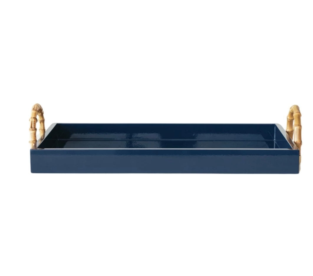 Lacquered Tray w/ Bamboo Handles & Metal Detail