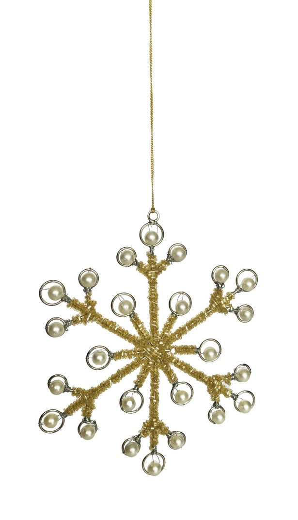 Metal Beaded Snowflake Ornament with Faux Pearls, Gold Finish