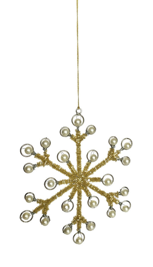 Metal Beaded Snowflake Ornament with Faux Pearls, Gold Finish