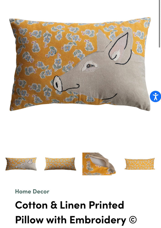 Printed Pillow w/ Pig & Flowers