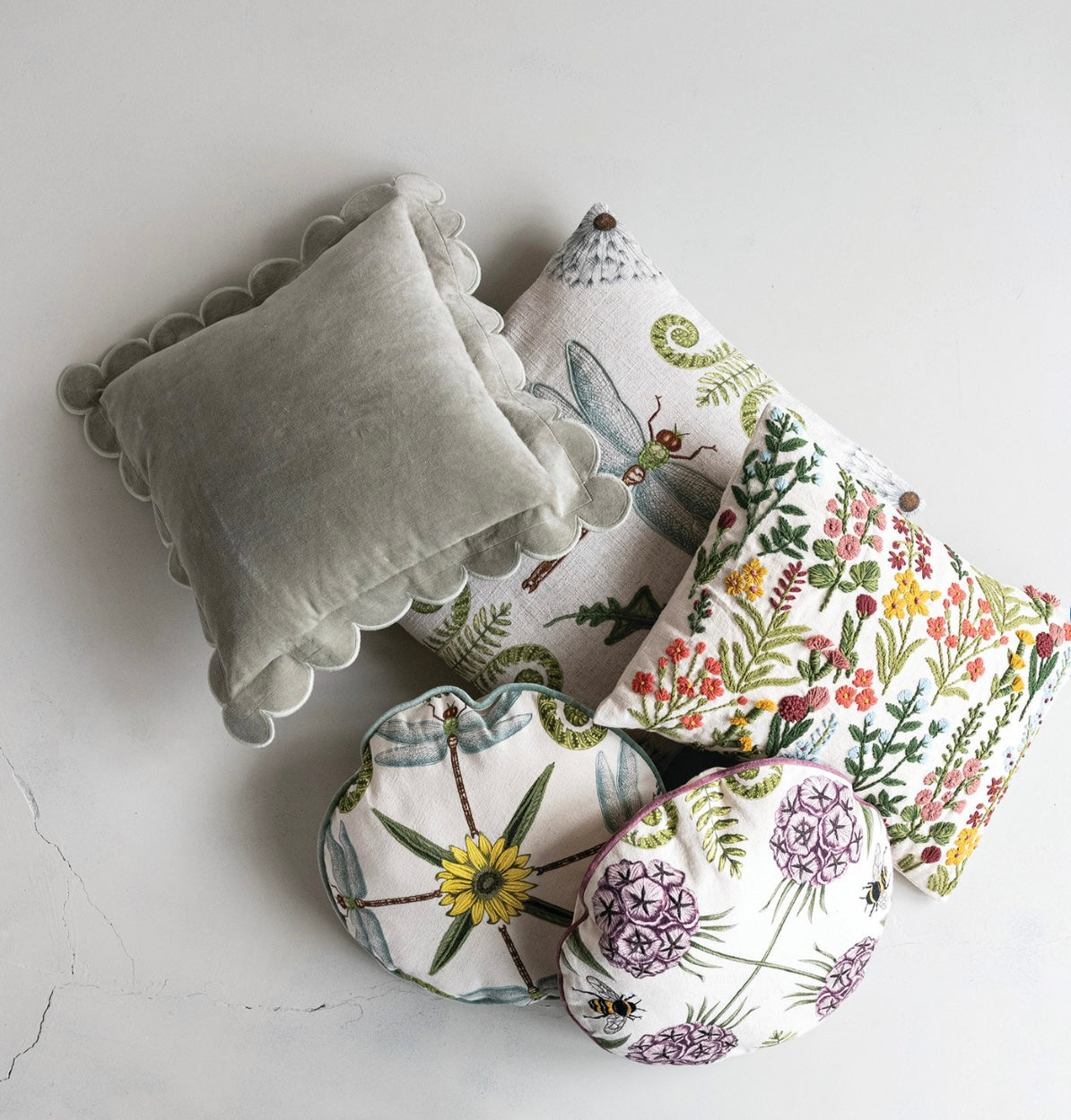 Green Cotton Velvet Pillow with Scalloped & Embroidered Edge