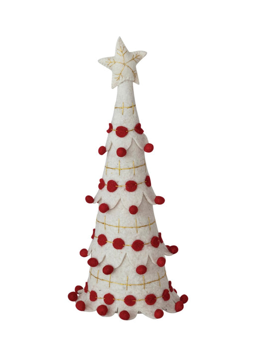 Handmade Wool Felt Tree with Star, Pom Poms & Metallic Gold Thread Embroidery & Red