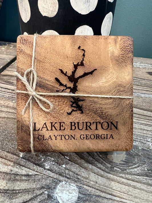 Lake Burton Map Coasters  - Wood Walnut Coasters Standard Wood Grain