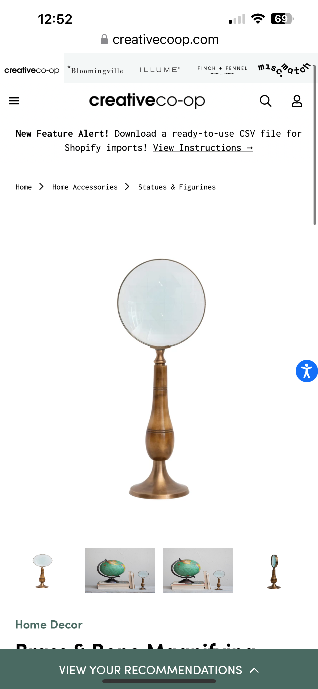 Brass & Horn Magnifying Glass on Stand, Antique Finish