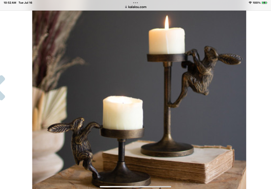 Set of 2 cast aluminum rabbit candle holders