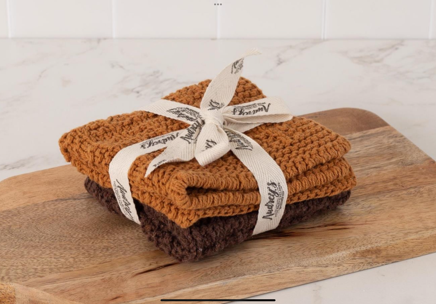 Knitted dish cloth ocher and brown