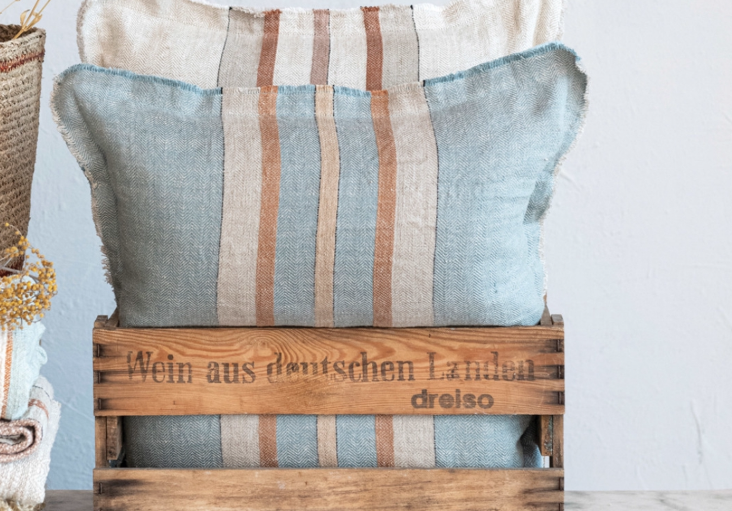 Woven Linen Pillow w/ Stripes, Cotton Slub Back & Fringe Tan & Brown