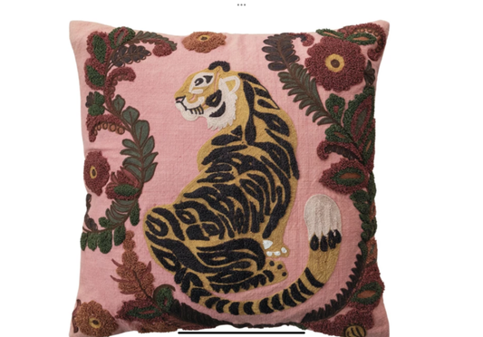 Square Cotton Slub Pillow w/ Embroidered Tiger & Flowers