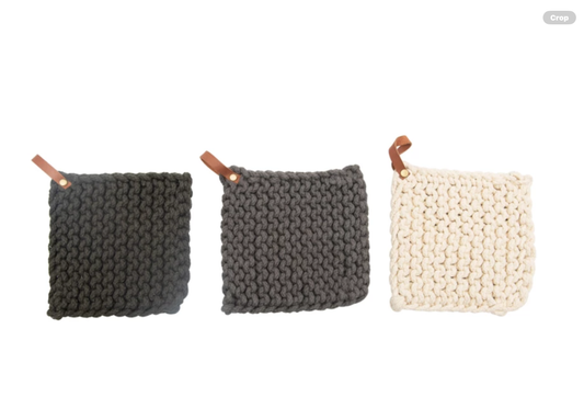 Crocheted Pot Holder with Leather Loop, Cream