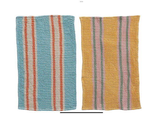 Woven Cotton Waffle Weave Tea Towel w/ Stripes Set of 2