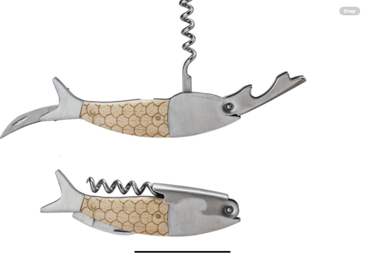 Oak Wood & Stainless Steel Fish Shaped Bottle Opener/Corkscrew