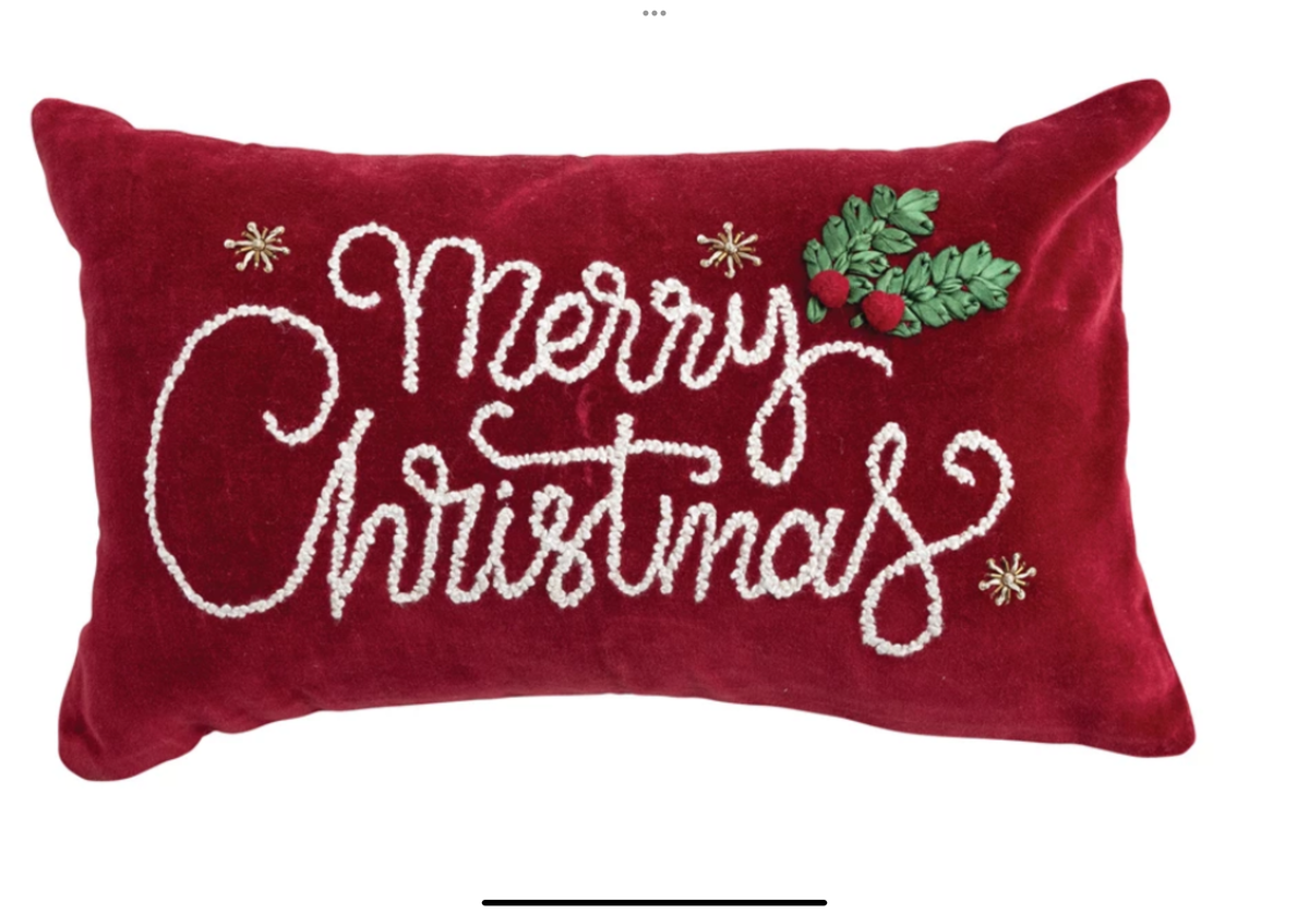 Cotton Velvet Lumbar Pillow with Embroidery & Applique "Merry Christmas"