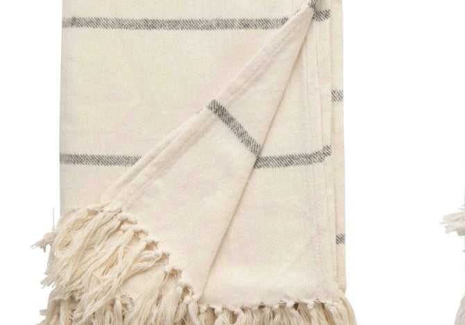 Ivory and Gray Stripe Throw Blanket w/ Fringe